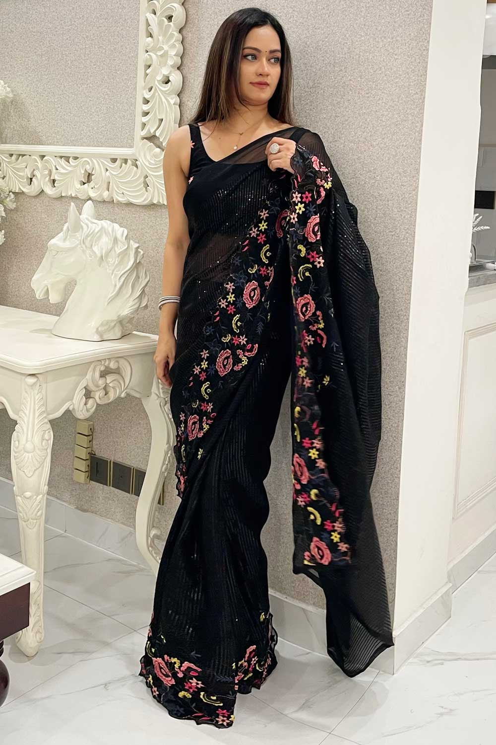 Sequins Work Attractive Shimmer Silk Saree In Black Color