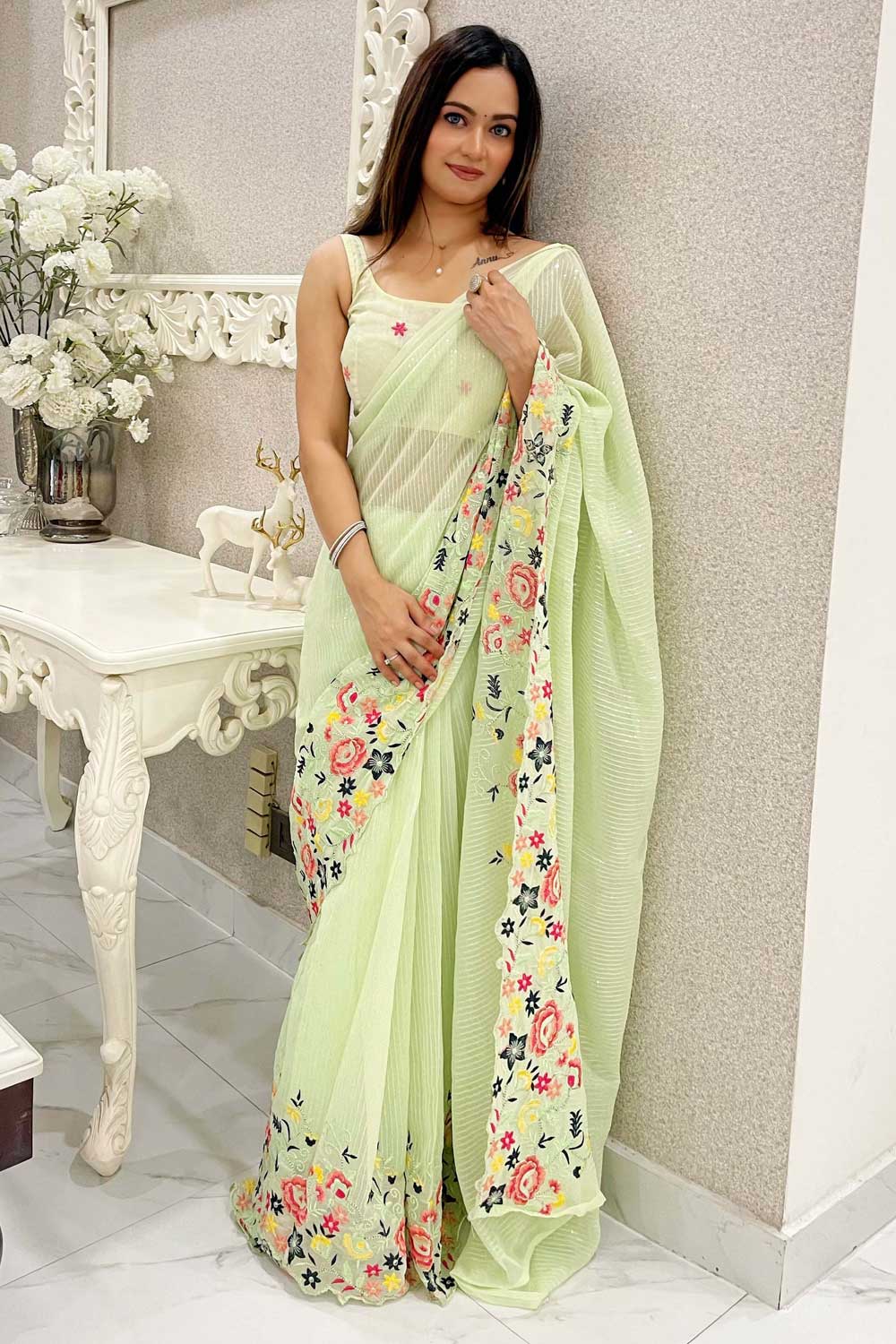 Green Color Sequins Work Glamorous Shimmer Silk Saree