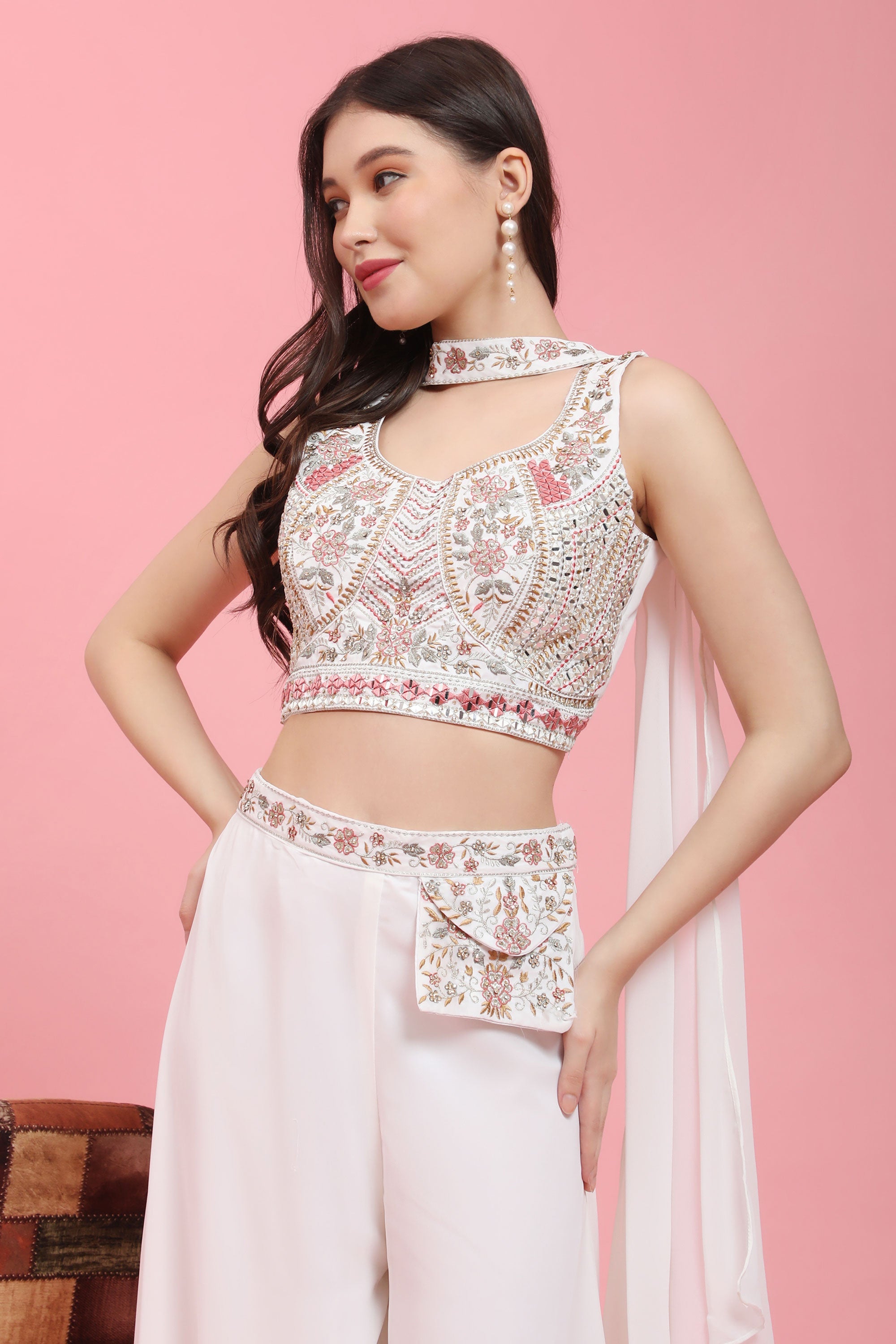 Glamorous White Color Georgette Readymade Crop Top with Palazzo Set