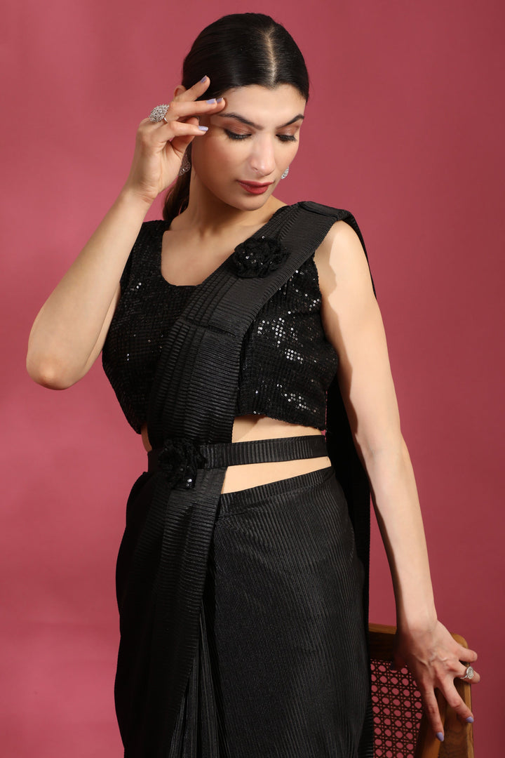 Black Color  Brilliant Crush Lycra Ready To Wear Saree