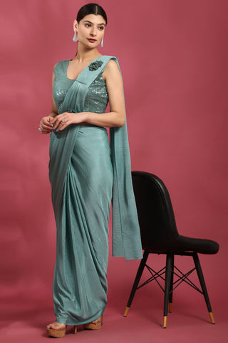 Sea Green Color Glorious Crush Lycra Ready To Wear Saree