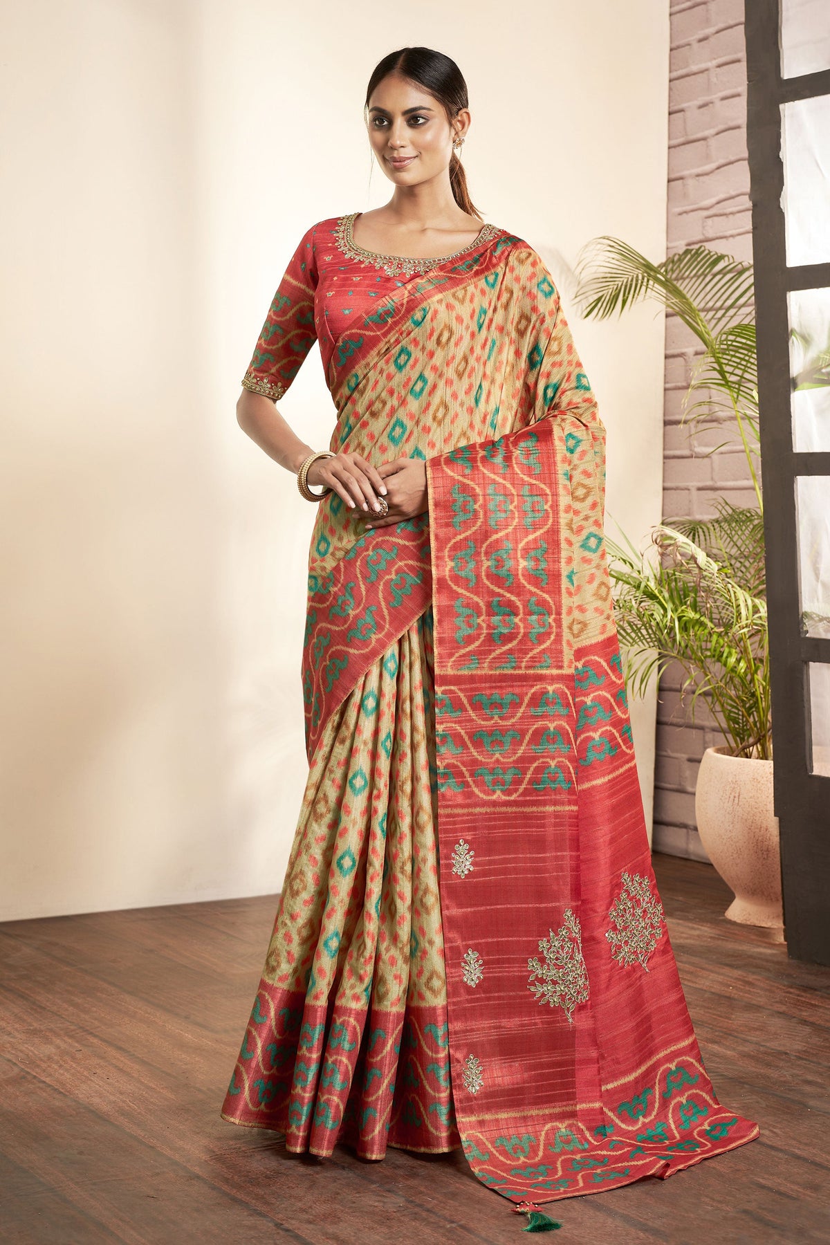 Bhagalpuri Silk Fabric Beige Color Pleasance Saree With Printed Work