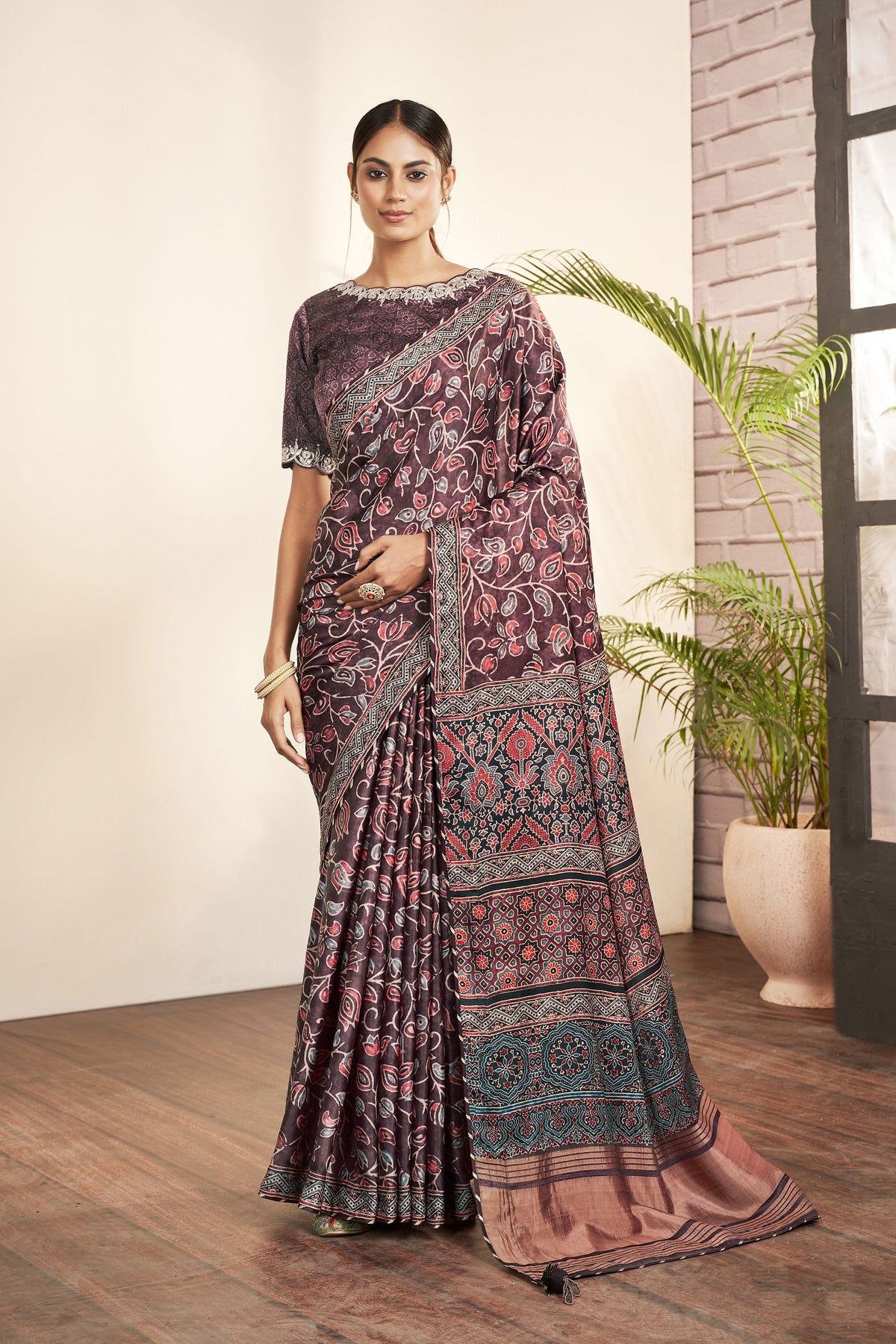 Printed Work On Gajji Silk Fabric Bewitching Saree In Purple Color