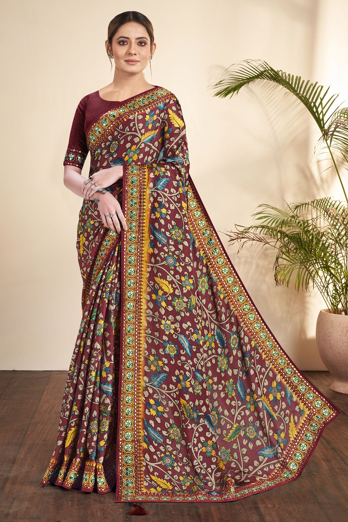 Beguiling Printed Work Brown Color Gajji Silk Fabric Saree