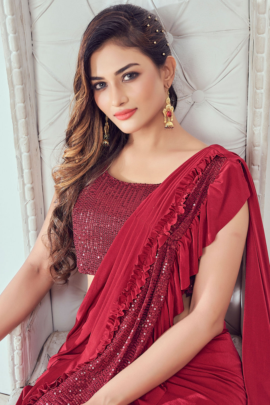 Red Color Sequins Designs Ruffle Ready to Wear Saree In Lycra Fabric