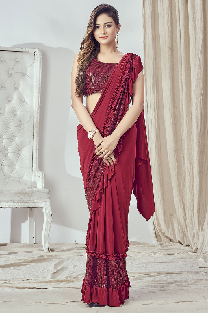 Red Color Sequins Designs Ruffle Ready to Wear Saree In Lycra Fabric