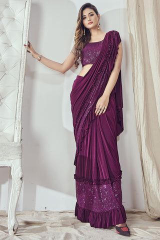 Magenta Color Sequins Design Ruffle Ready to Wear Saree In Lycra Fabric