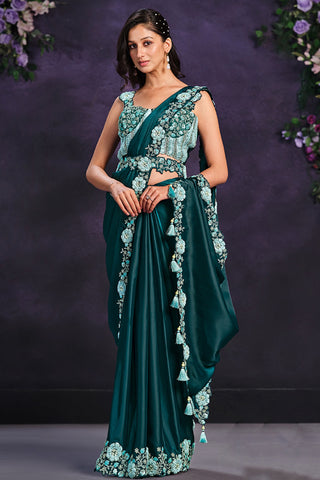 Teal Color Border Work On Satin Silk Fabric Beatific Ready To Wear Saree