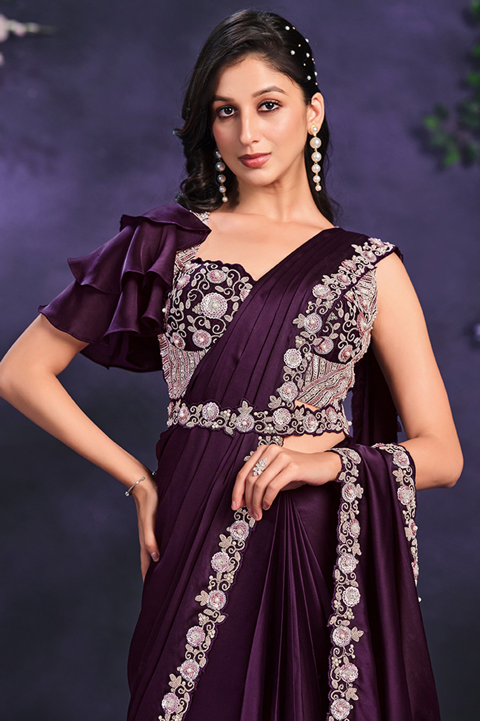 Incredible Border Work On Satin Silk Fabric Purple Color Ready To Wear Saree