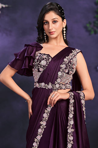 Incredible Border Work On Satin Silk Fabric Purple Color Ready To Wear Saree