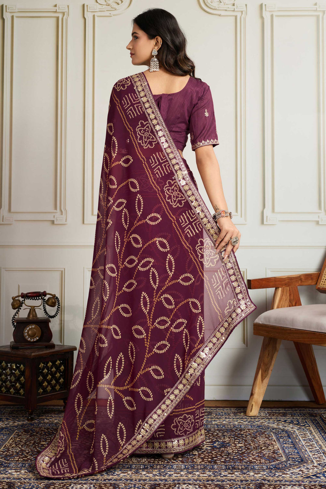 Engaging Wine Color Georgette Fabric Bandhani Printed Saree