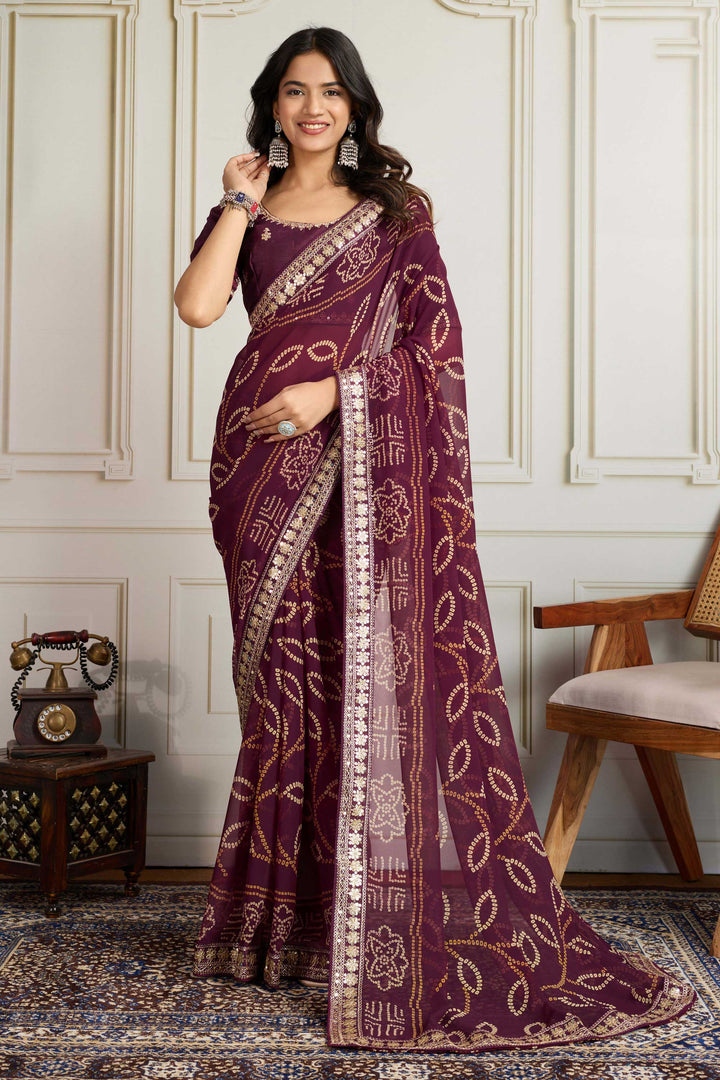 Engaging Wine Color Georgette Fabric Bandhani Printed Saree