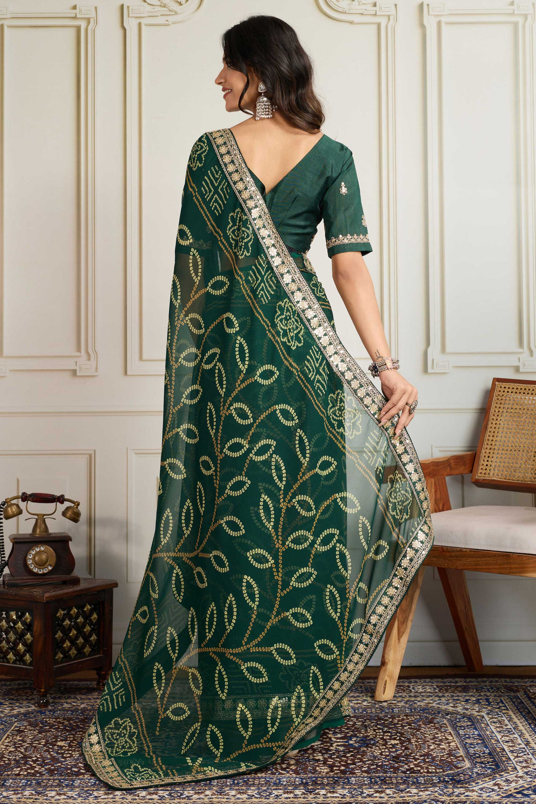 Trendy Georgette Fabric Dark Green Color Bandhani Printed Saree