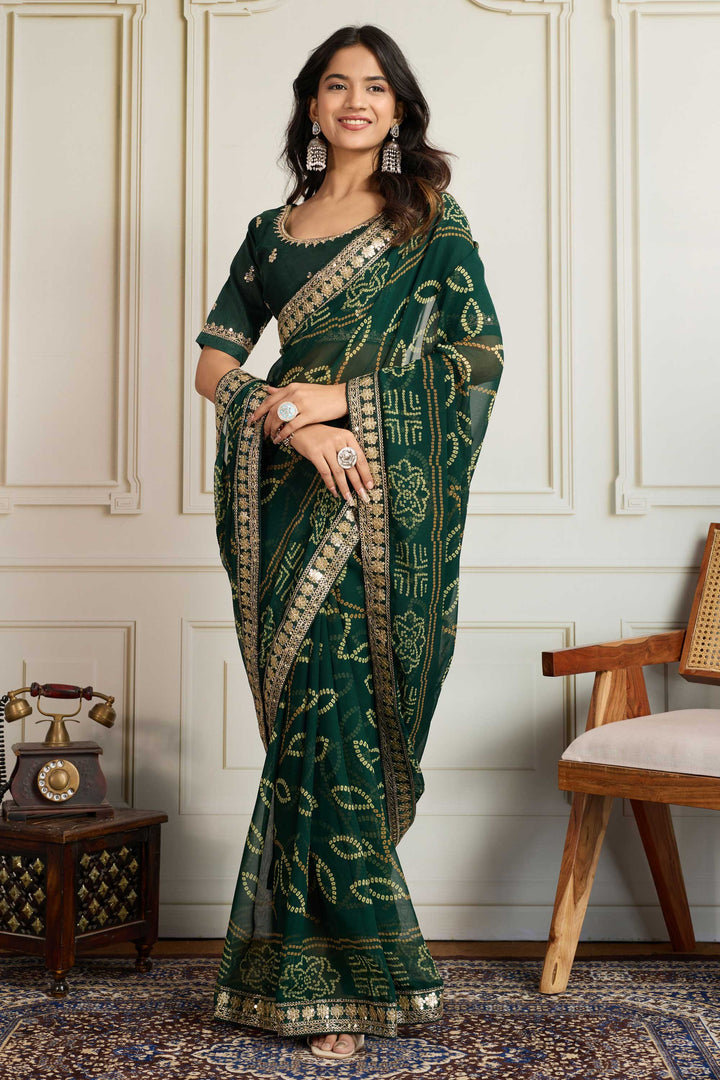 Trendy Georgette Fabric Dark Green Color Bandhani Printed Saree