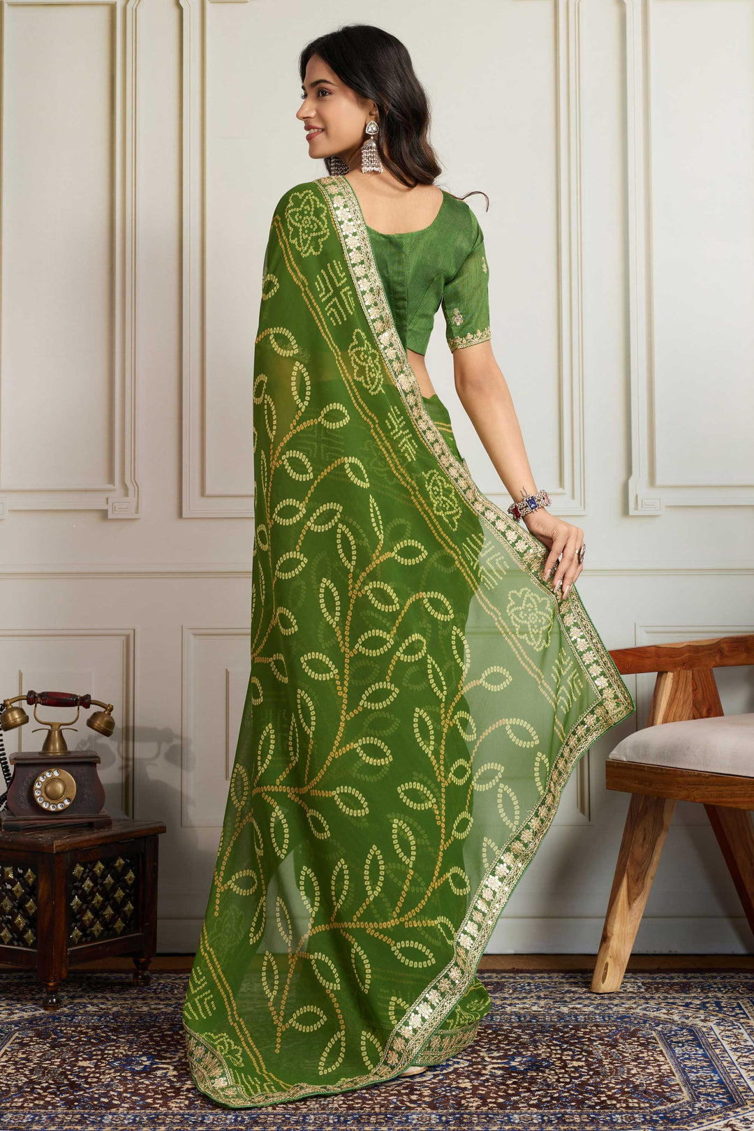 Soothing Green Color Georgette Fabric Bandhani Printed Saree