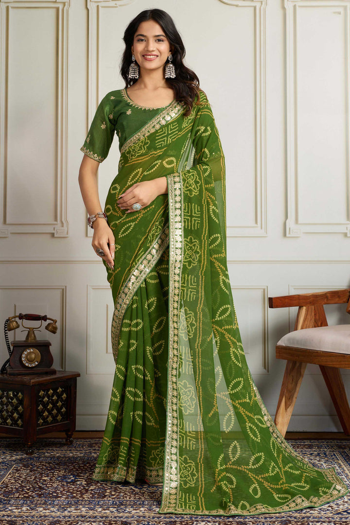 Soothing Green Color Georgette Fabric Bandhani Printed Saree