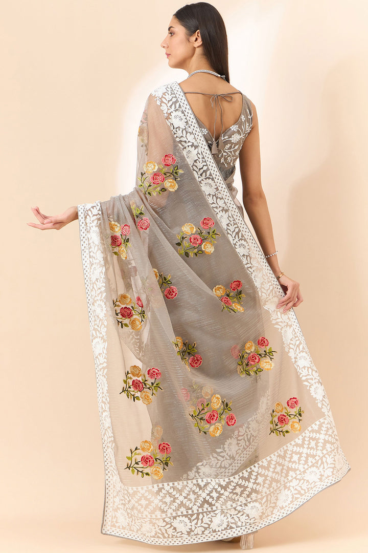Trendy Organza Fabric Grey Color Saree With Embroidered Work | Buy Online India