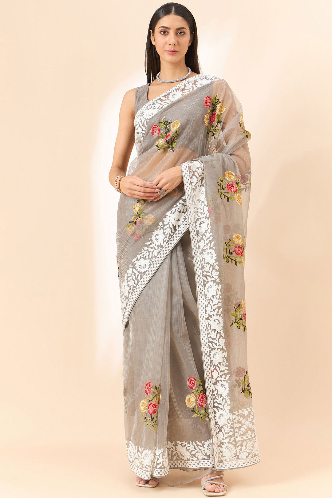 Trendy Organza Fabric Grey Color Saree With Embroidered Work | Buy Online India