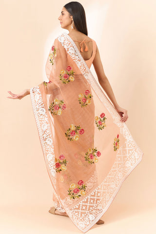 Exclusive Embroidered On Peach Color Saree In Organza Fabric