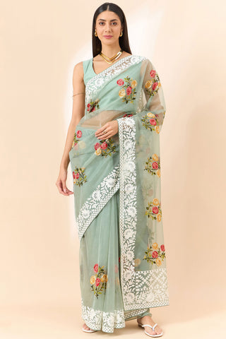 Sea Green Color Exquisite Embroidered Saree In Organza Fabric