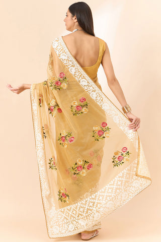 Organza Fabric Embroidered On Golden Color Amazing Saree