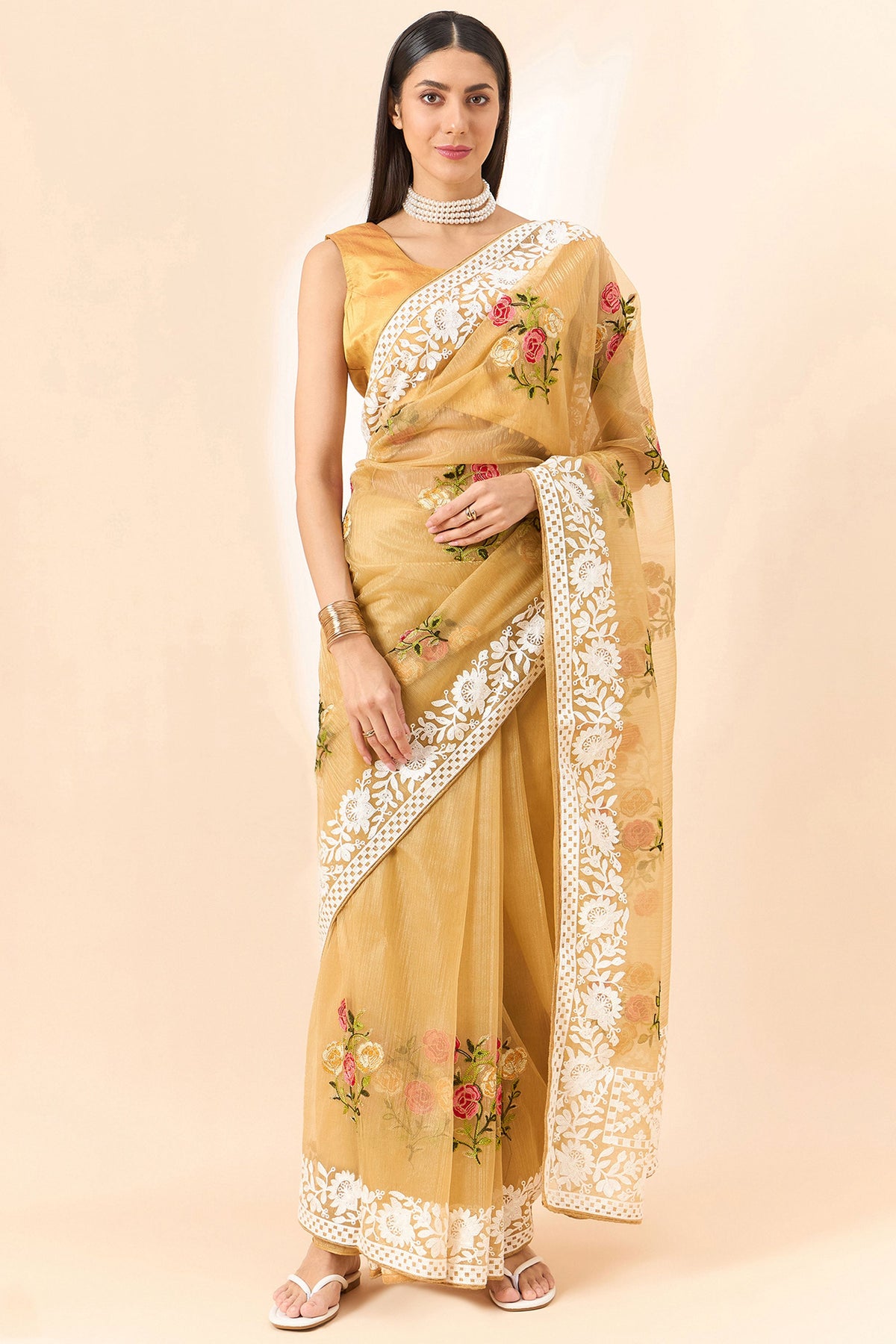 Organza Fabric Embroidered On Golden Color Amazing Saree