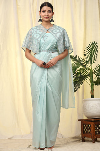 Light Cyan Color Gorgeous Crush Satin Pre Stitched Saree With Sequins Blouse