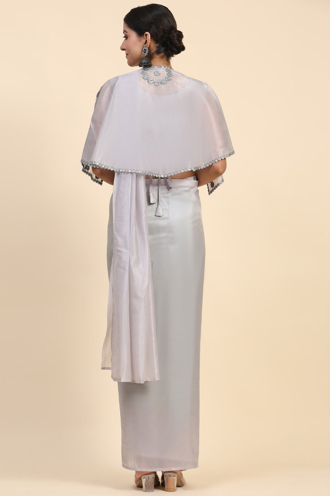 Grey Color Brilliant Crush Satin Pre Stitched Saree With Sequins Blouse