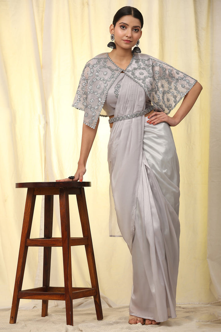 Grey Color Brilliant Crush Satin Pre Stitched Saree With Sequins Blouse