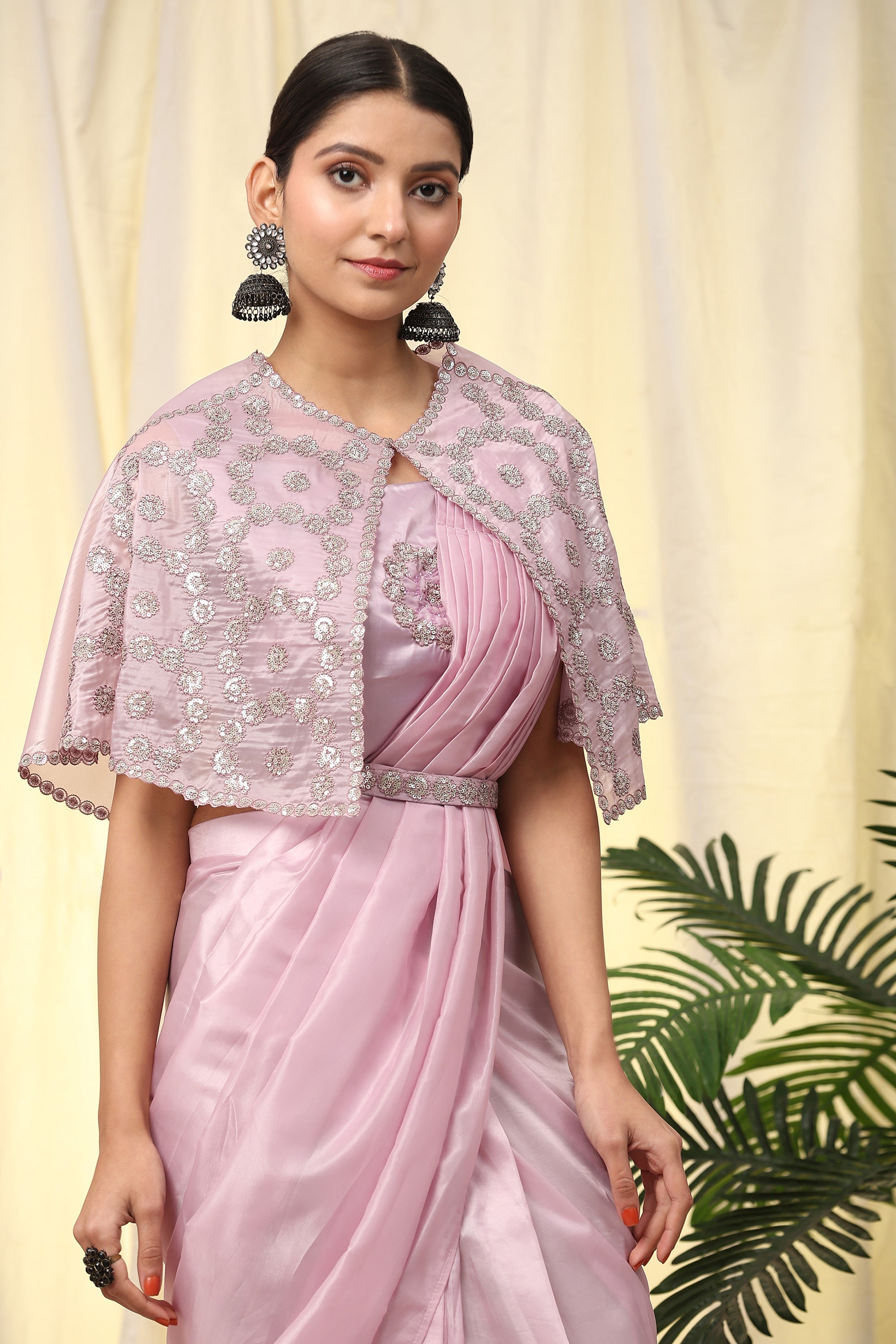 Imposing Crush Satin Pre Stitched Saree With Sequins Blouse In Pink Color