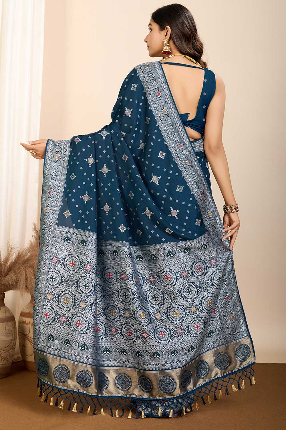 Teal Color Glorious Woven Meenakari Art Silk Saree