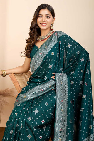 Delicate Dark Teal Color Woven Meenakari Art Silk Saree