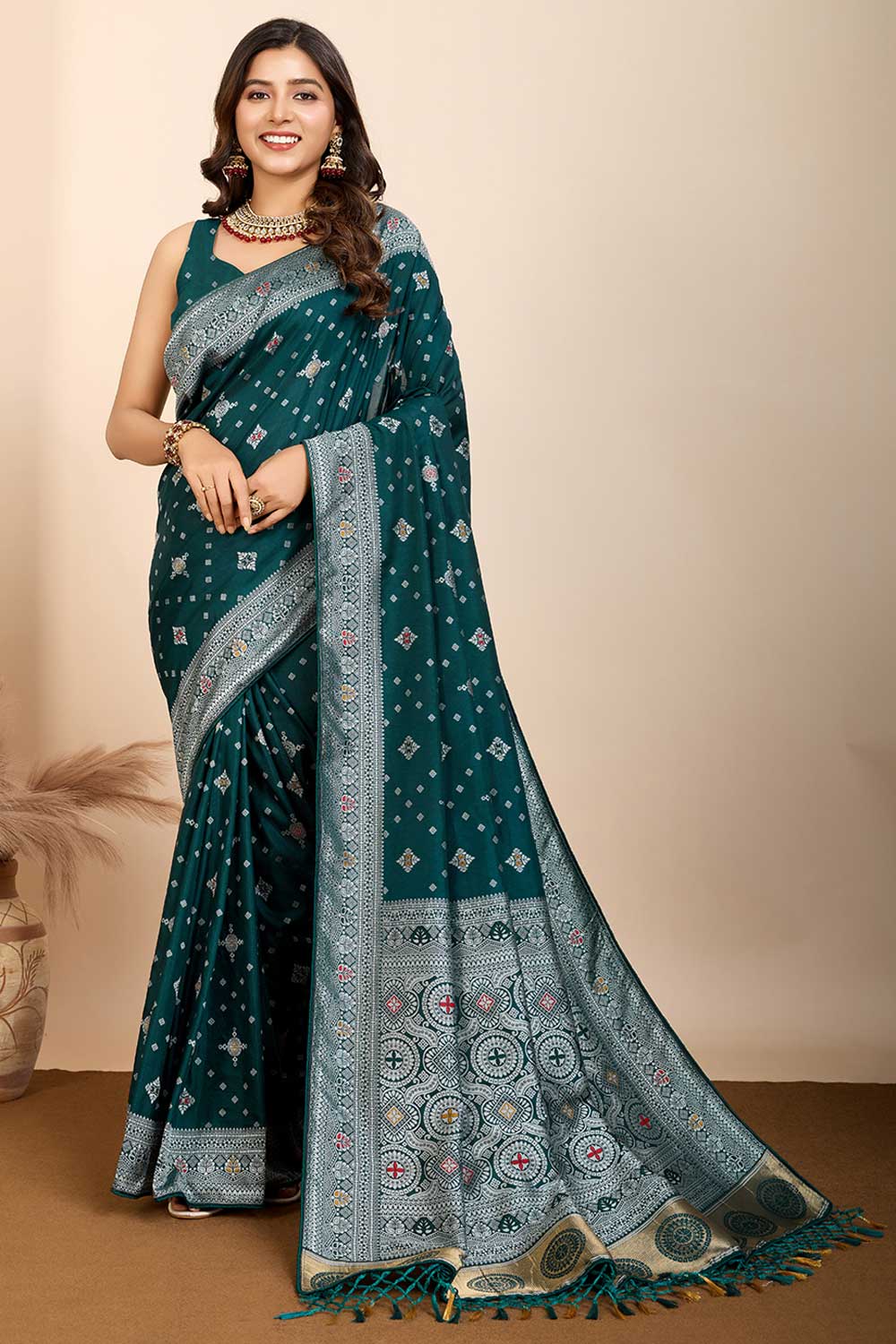 Delicate Dark Teal Color Woven Meenakari Art Silk Saree