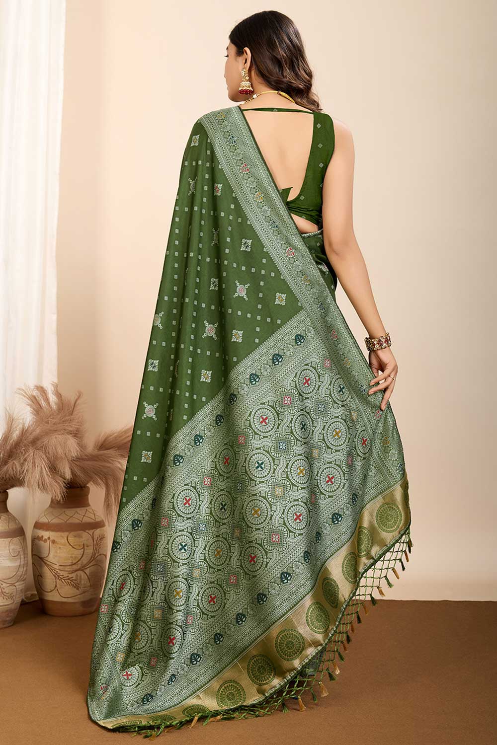 Blazing Olive Color Woven Meenakari Art Silk Saree