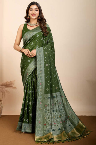 Blazing Olive Color Woven Meenakari Art Silk Saree