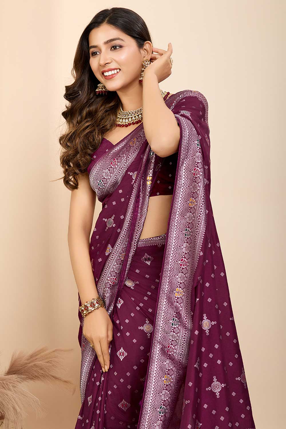 Wine Color Glamorous Woven Meenakari Art Silk Saree