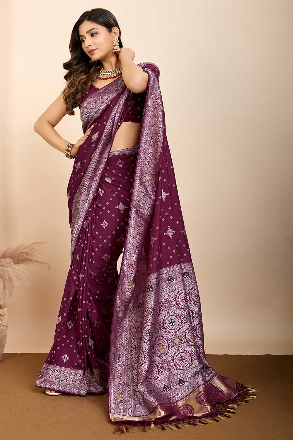 Wine Color Glamorous Woven Meenakari Art Silk Saree