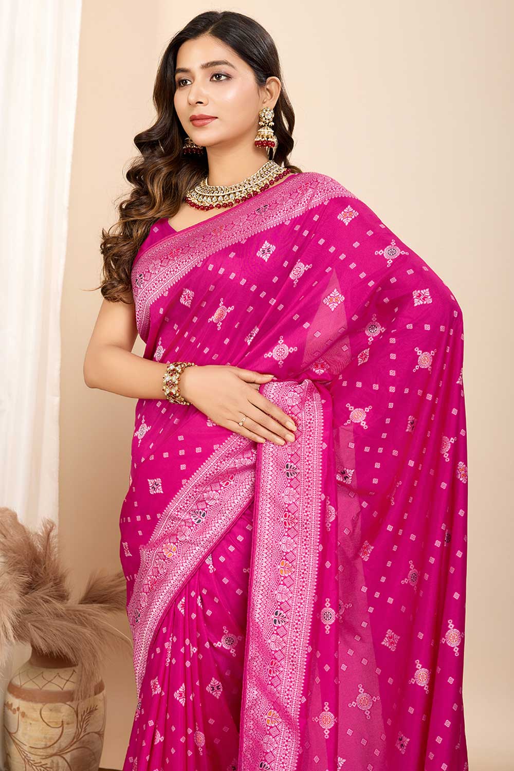 Pink Color Exquisite Woven Meenakari Art Silk Saree