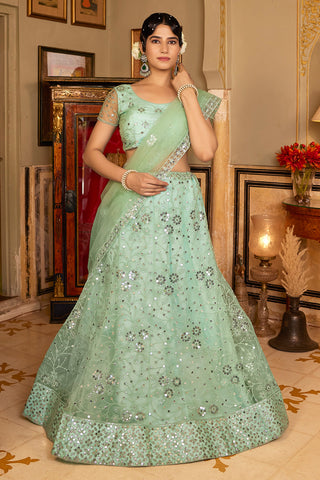 Fashionable Sea Green Color Sequins Work Net Fabric Lehenga