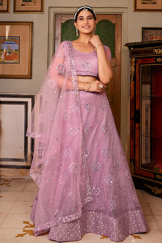 Sequins Work Net Fabric Function Wear Ravishing Lehenga In Lavender Color