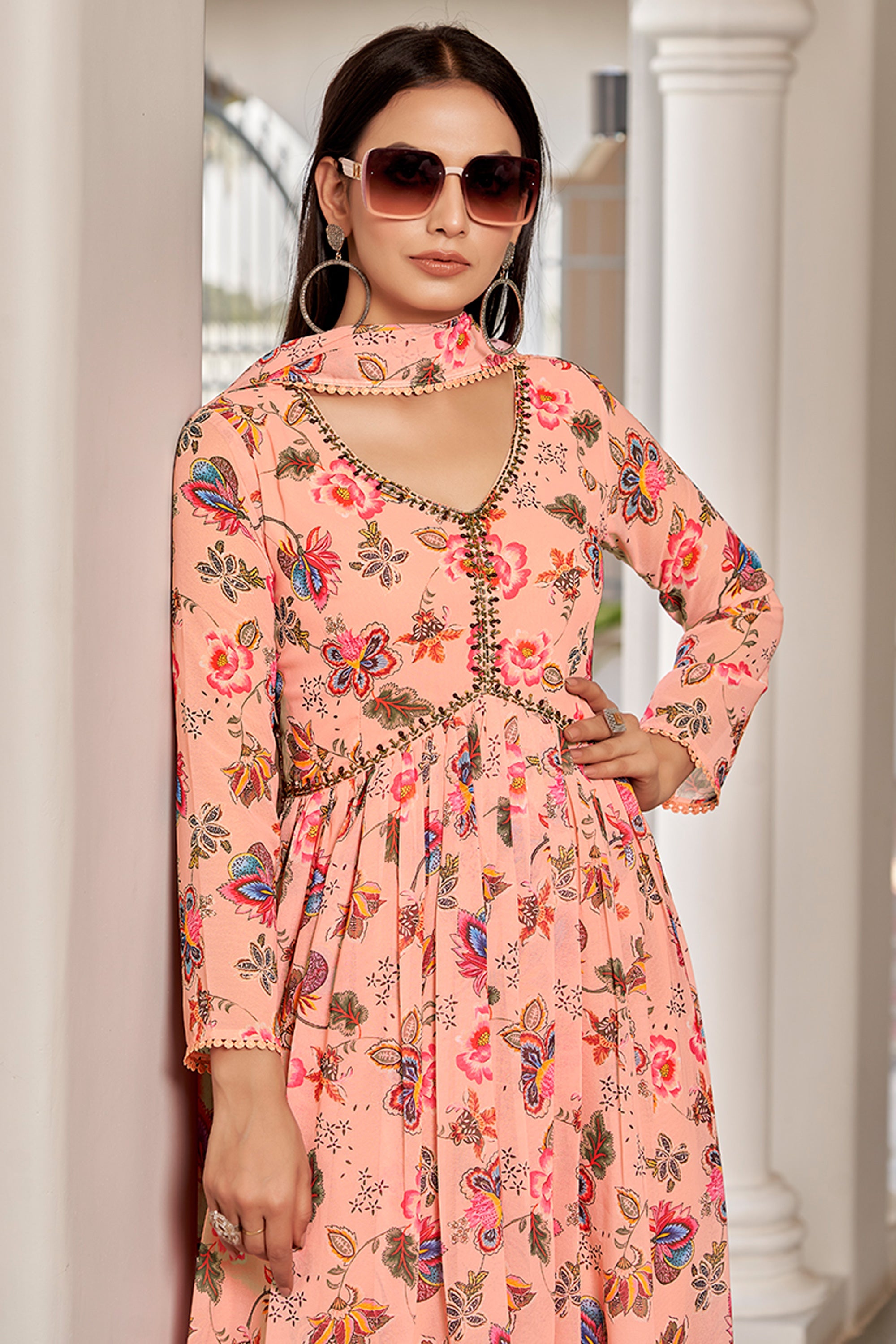 Phenomenal Floral Printed Peach Color Georgette Gown With Dupatta