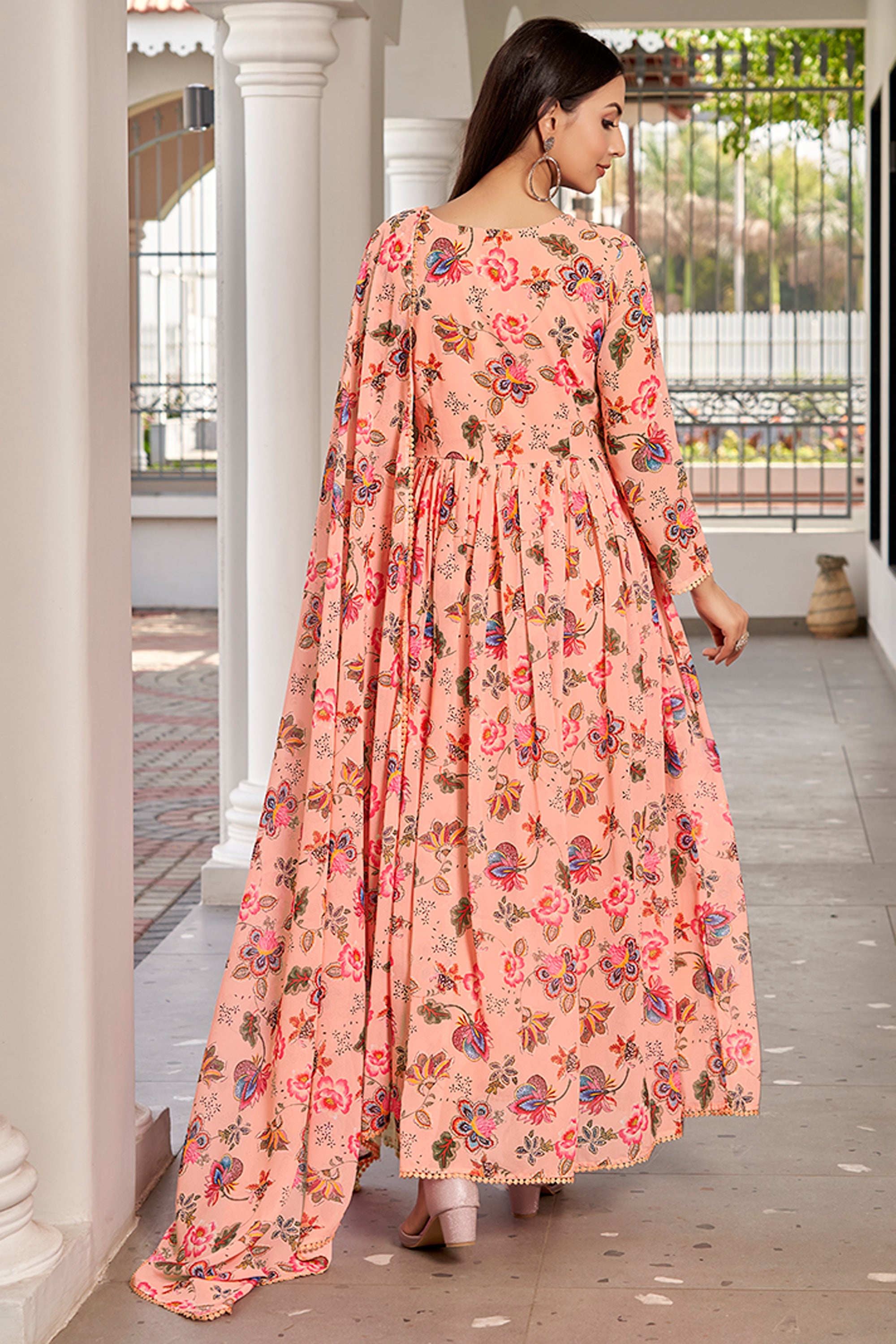 Phenomenal Floral Printed Peach Color Georgette Gown With Dupatta