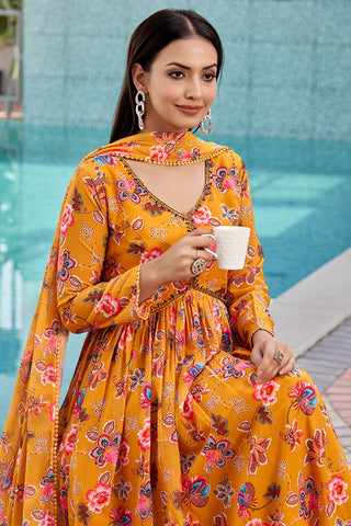 Fashionable Mustard Color Floral Printed Georgette Gown With Dupatta