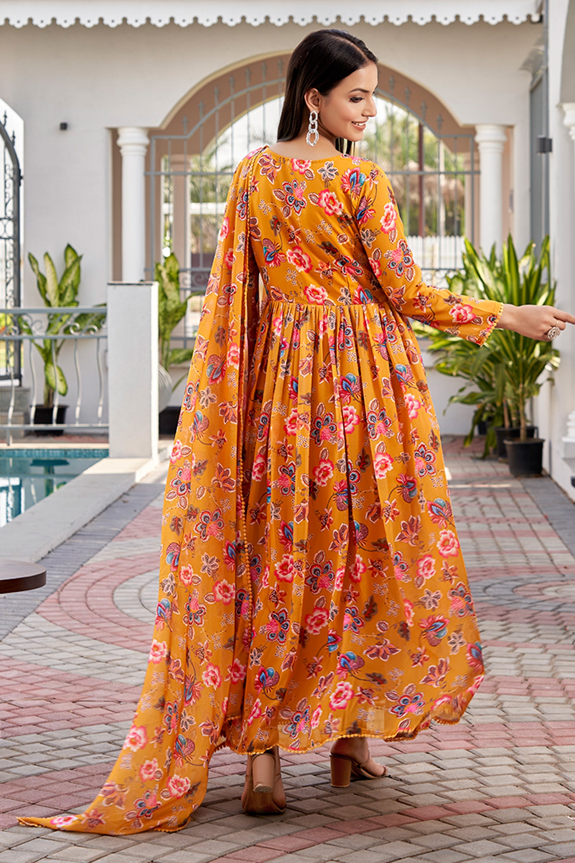 Fashionable Mustard Color Floral Printed Georgette Gown With Dupatta