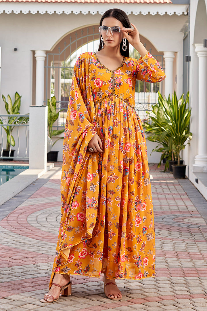 Fashionable Mustard Color Floral Printed Georgette Gown With Dupatta | Buy Online India