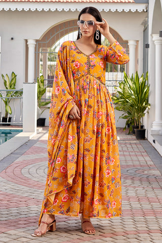 Fashionable Mustard Color Floral Printed Georgette Gown With Dupatta