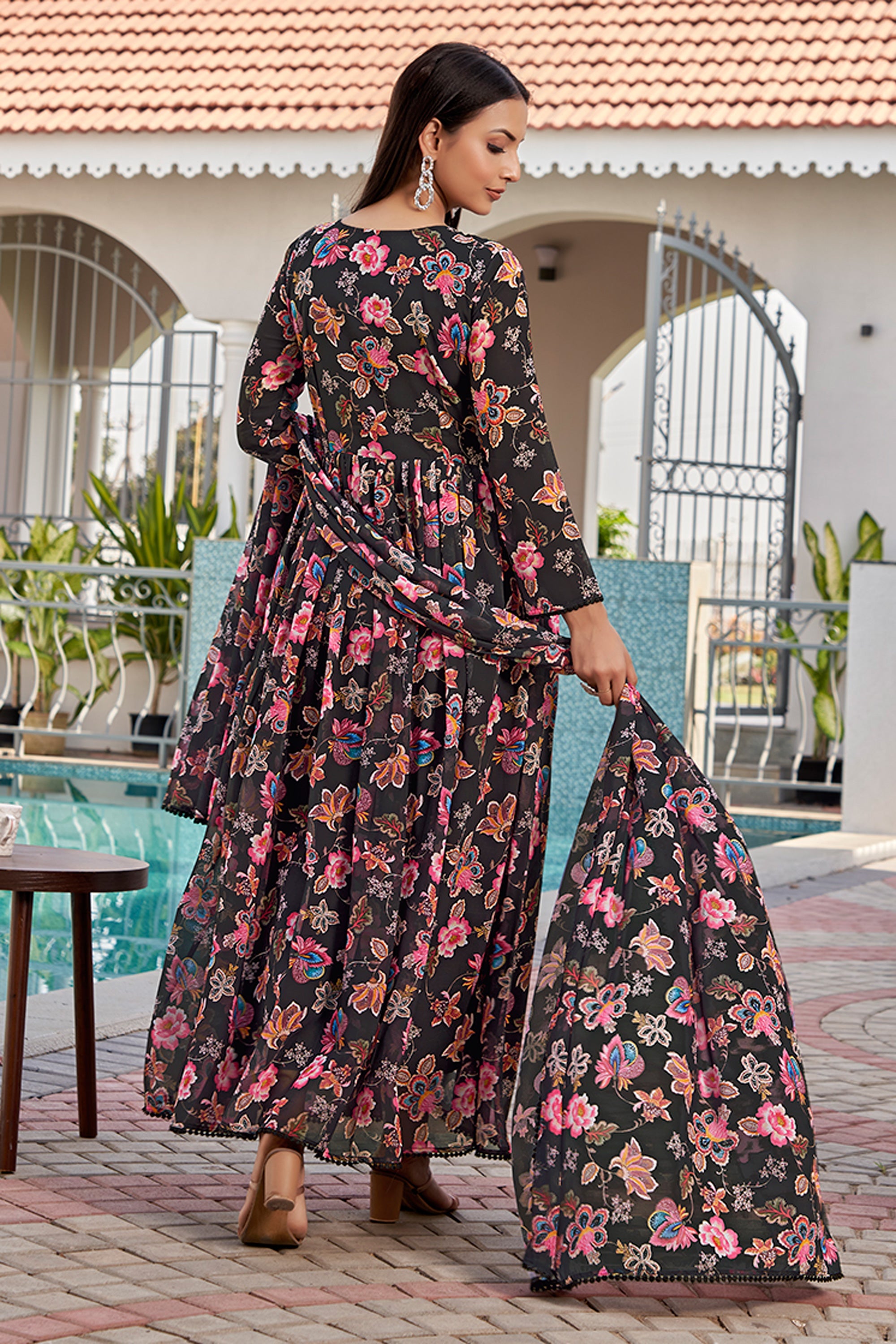 Black Color Gorgeous Floral Printed Georgette Gown With Dupatta