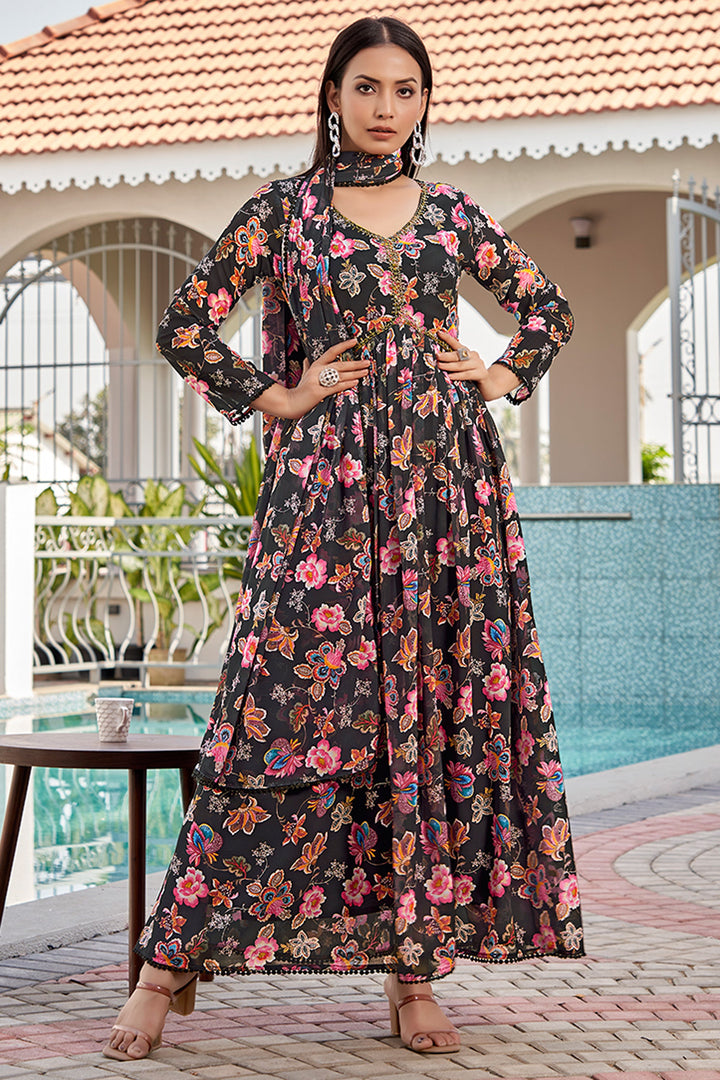 Black Color Gorgeous Floral Printed Georgette Gown With Dupatta | Buy Online India