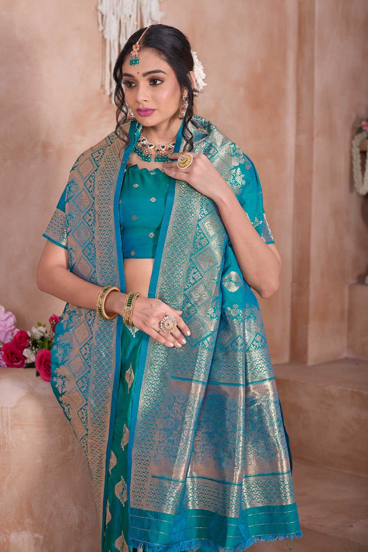 Dazzling Cyan Color Weaving Banarasi Jari Silk Saree