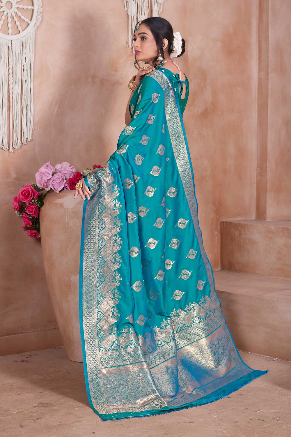 Dazzling Cyan Color Weaving Banarasi Jari Silk Saree